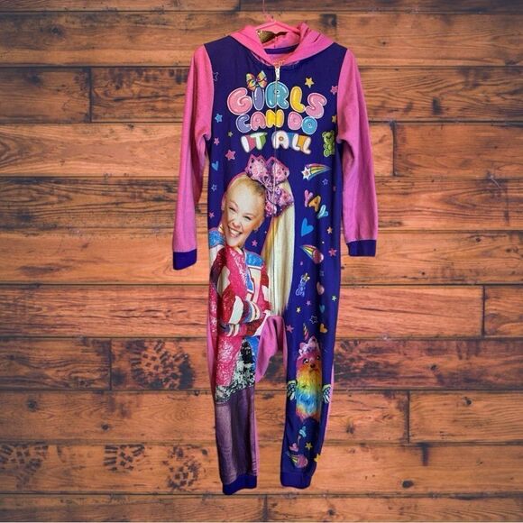5 for $25🔥JoJo Siwa Pink & Purple Fleece Hooded Pajama Jumpsuit Girls XS (4/5) - Picture 1 of 4